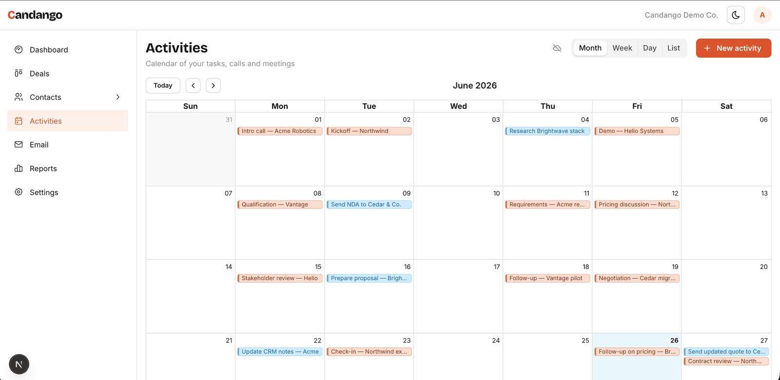 Candango calendar with synced meetings