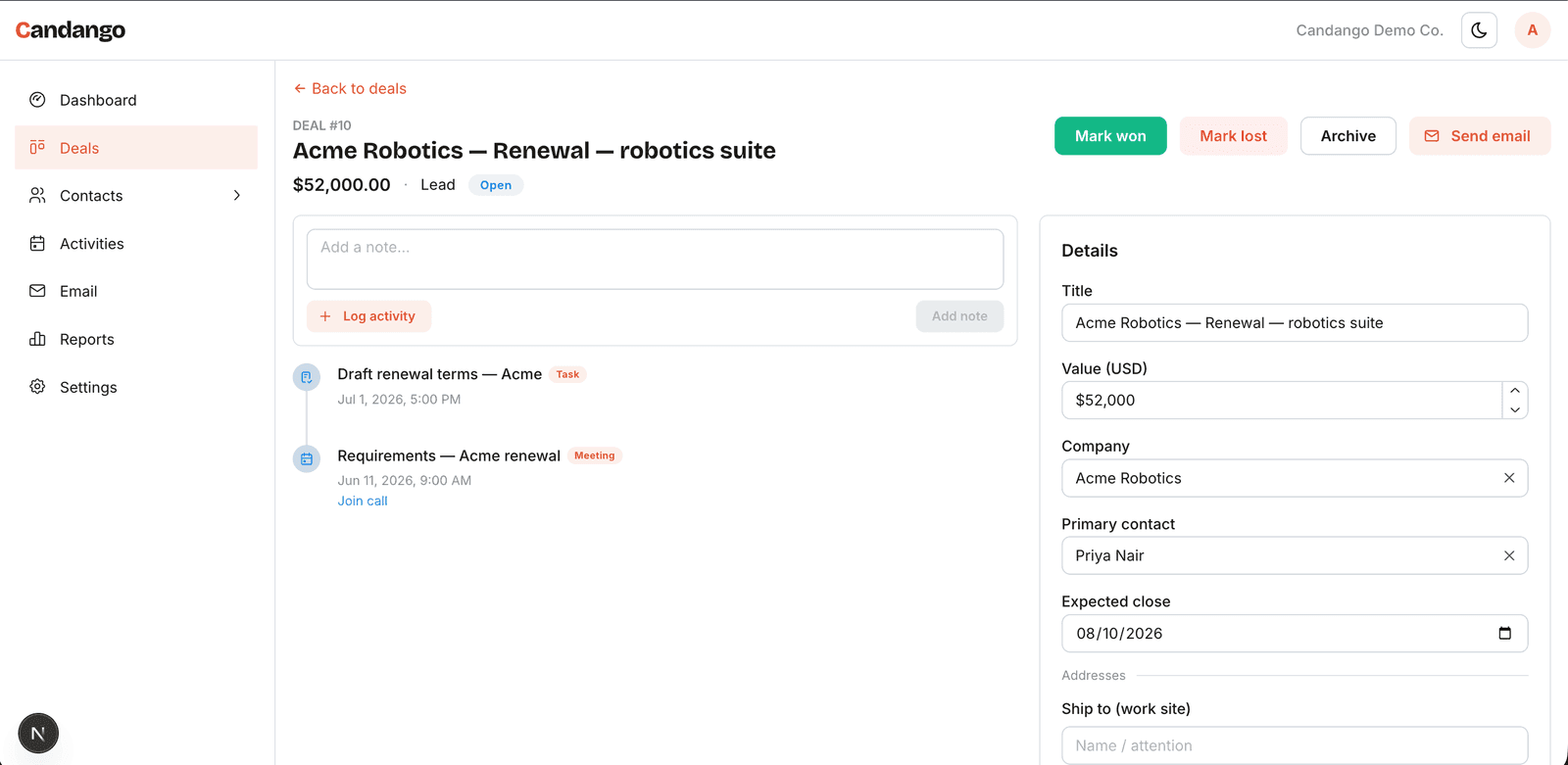 Candango deal page with the activity timeline