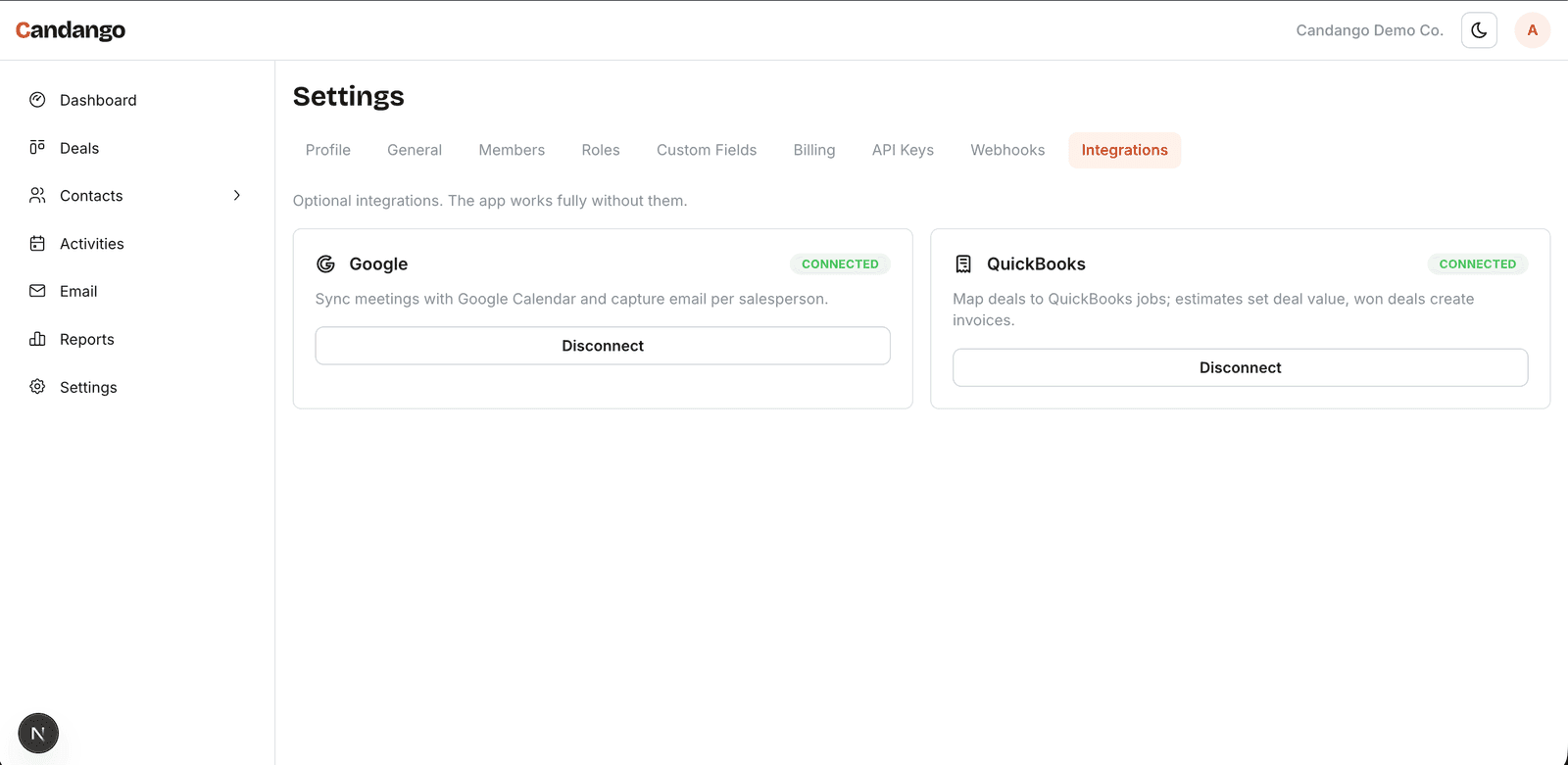 Candango integrations settings