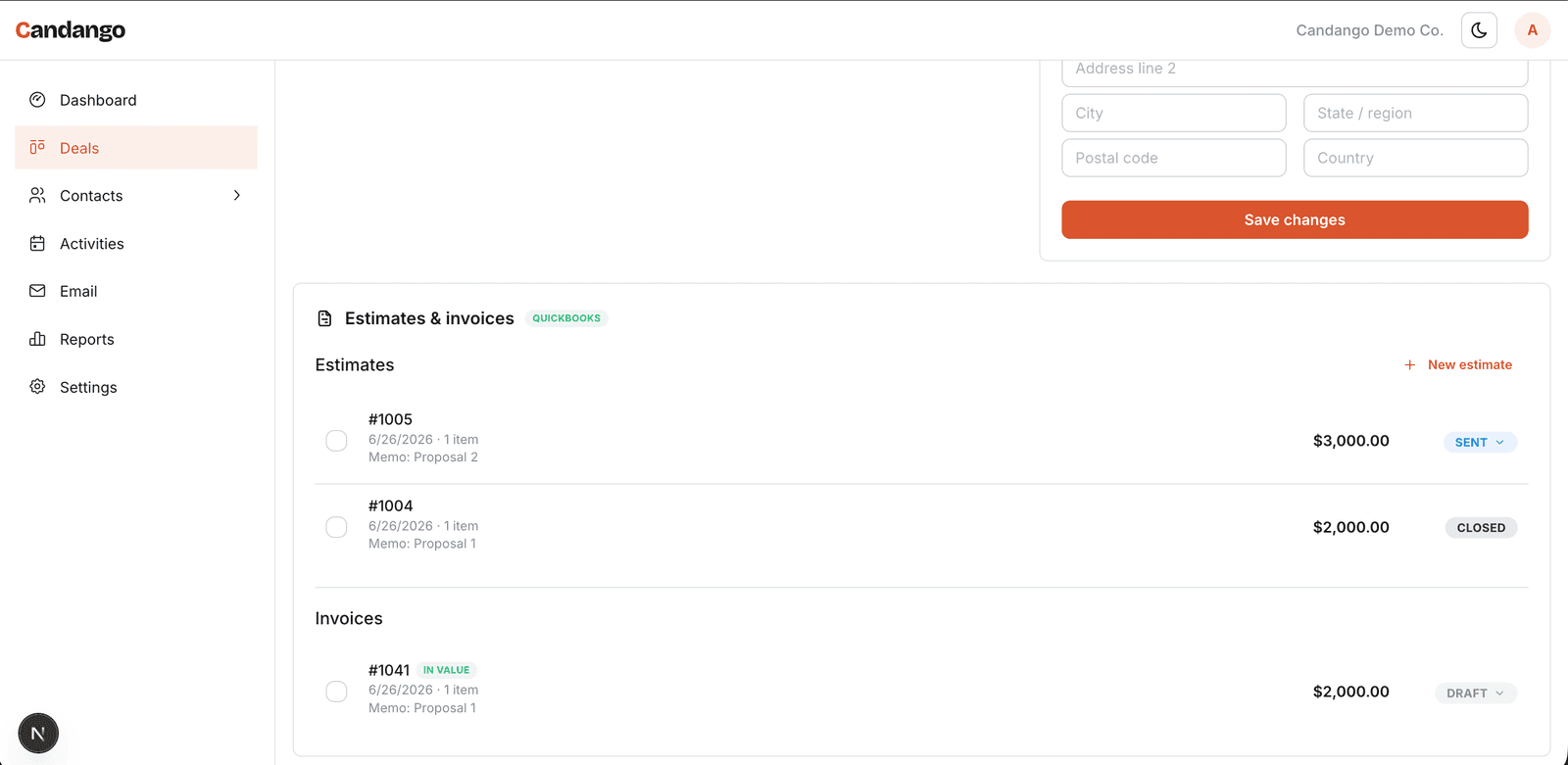 QuickBooks estimates and invoices on a deal