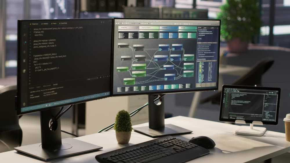 Abstract visualization of automation with gears and interconnected lines