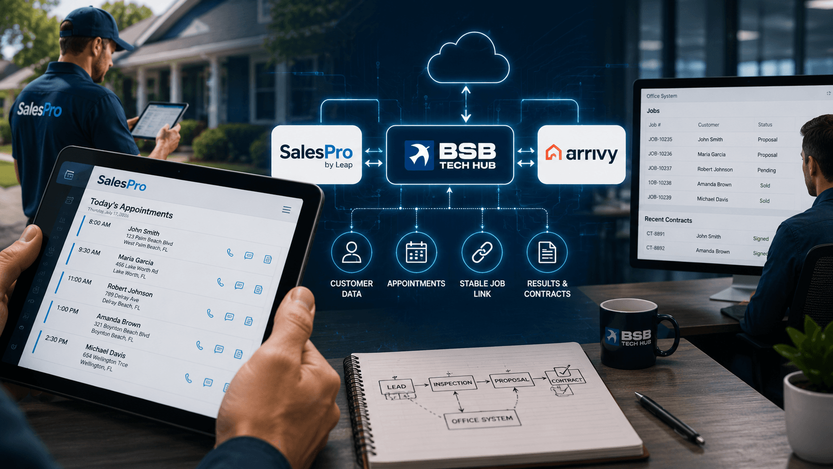Integration connecting the SalesPro proposal app on iPads with Arrivy scheduling and an office system of record