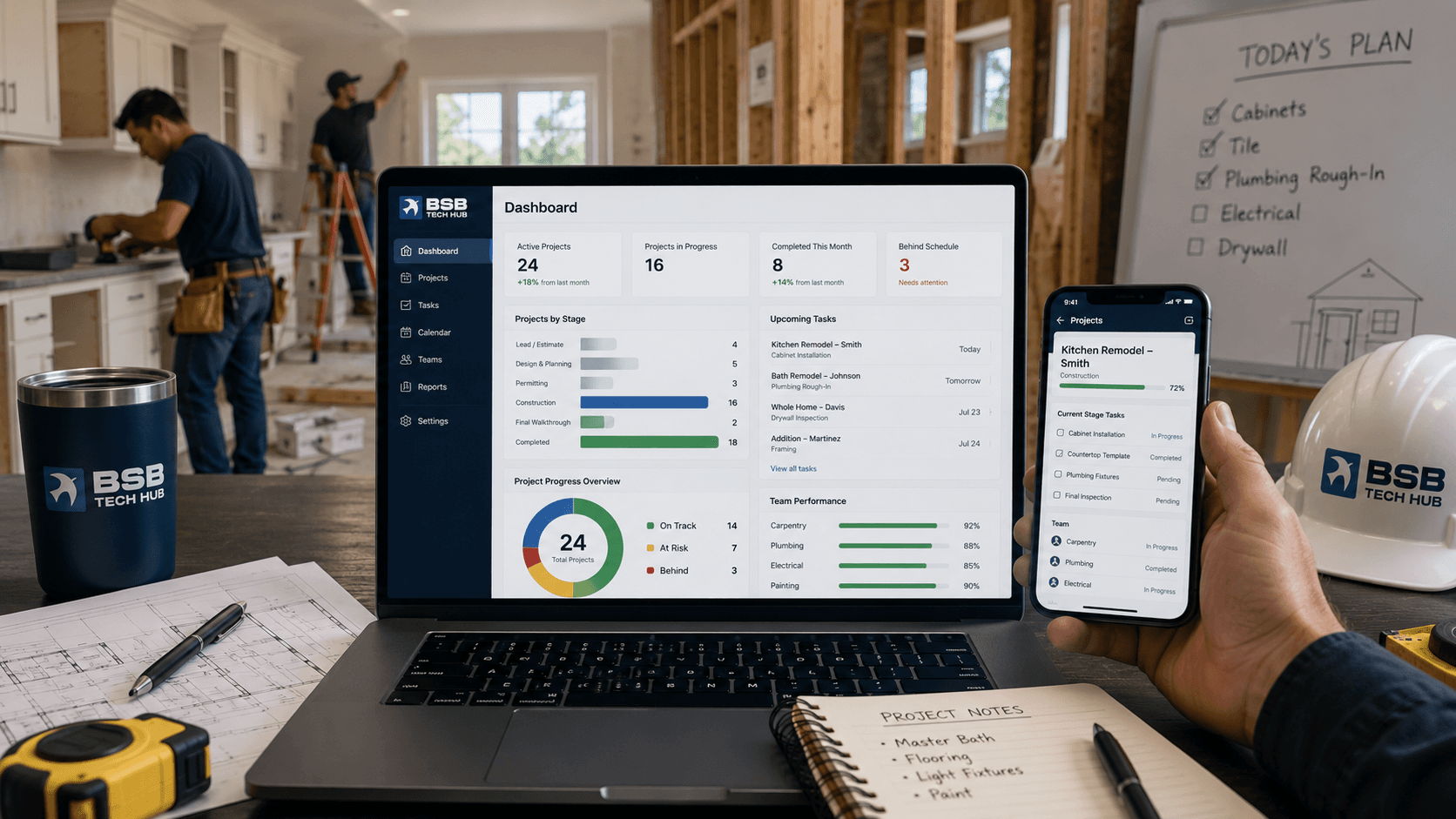 A remodeling team coordinating projects through custom project management software instead of manual tools
